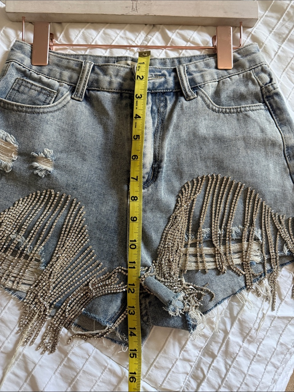 Distressed Denim Fringe Shorts with Rhinestone Chains NWT - Picture 4 of 5